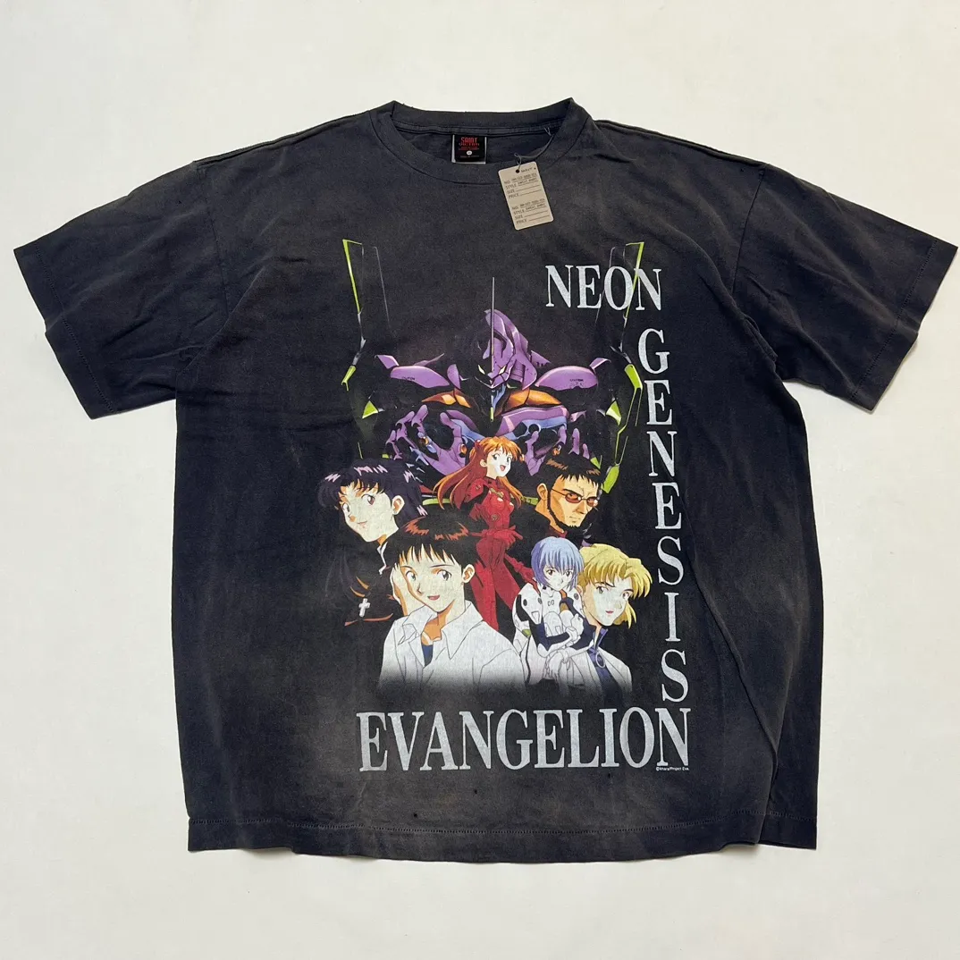SAINT Mxxxxxx × EVANGELION NEON GNSIS TEE/BLK co-branded Neon Genesis Evangelion distressed short-sleeves, washed black S-XL, vintage NEW VINTAGE, top printing technology, garment dyeing, re-washed, distressed, correct co-branded main mark/washing mark